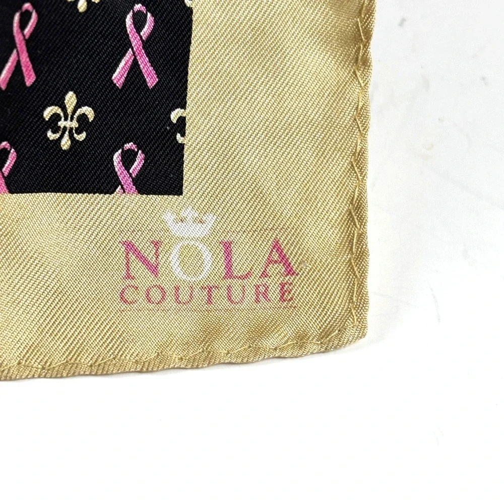 New Nola Couture Scarf Women OS Black Gold Pink 100%Silk Fleur De Lis Ribbon
